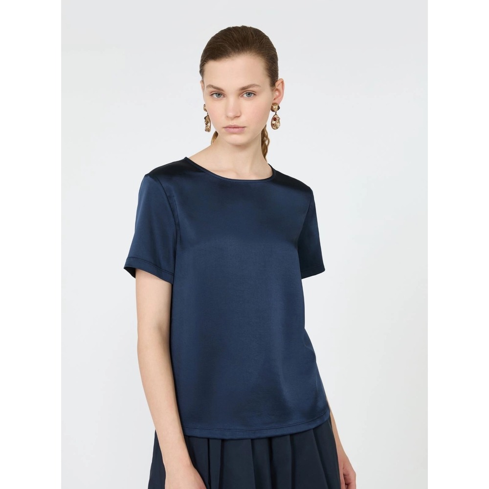 Weekend Max Mara Blue Satin Quiet Luxury Feminine Crew Neck T-Shirt Top Size S